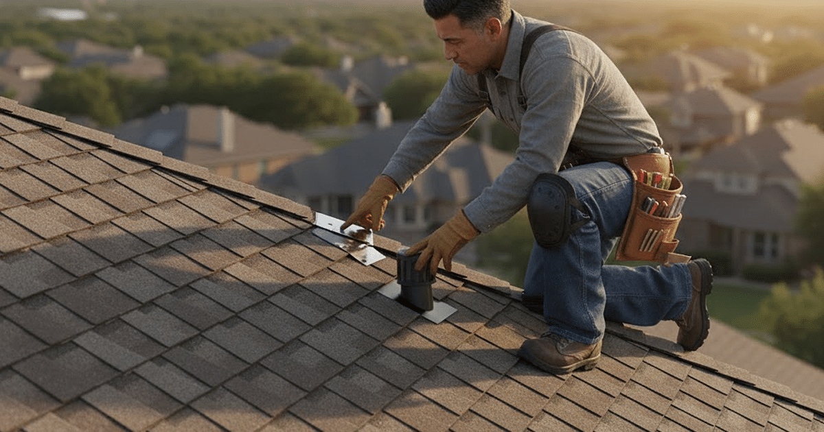A professional roofing contractor inspects a residential roof, utilizing safety equipment while examining key components such as the roof deck, asphalt shingles, and roof edges. This thorough inspection is essential for maintaining the entire roof system and preventing costly repairs due to potential roof leaks or weather damage.