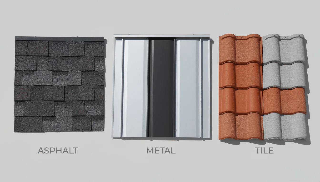 The image displays a side-by-side comparison of various roofing materials, including samples of asphalt shingles, metal roofs, and clay tiles. This visual representation highlights the differences in aesthetics and texture, which can influence homeowners' decisions during the roof replacement process, ultimately affecting overall roof replacement costs.