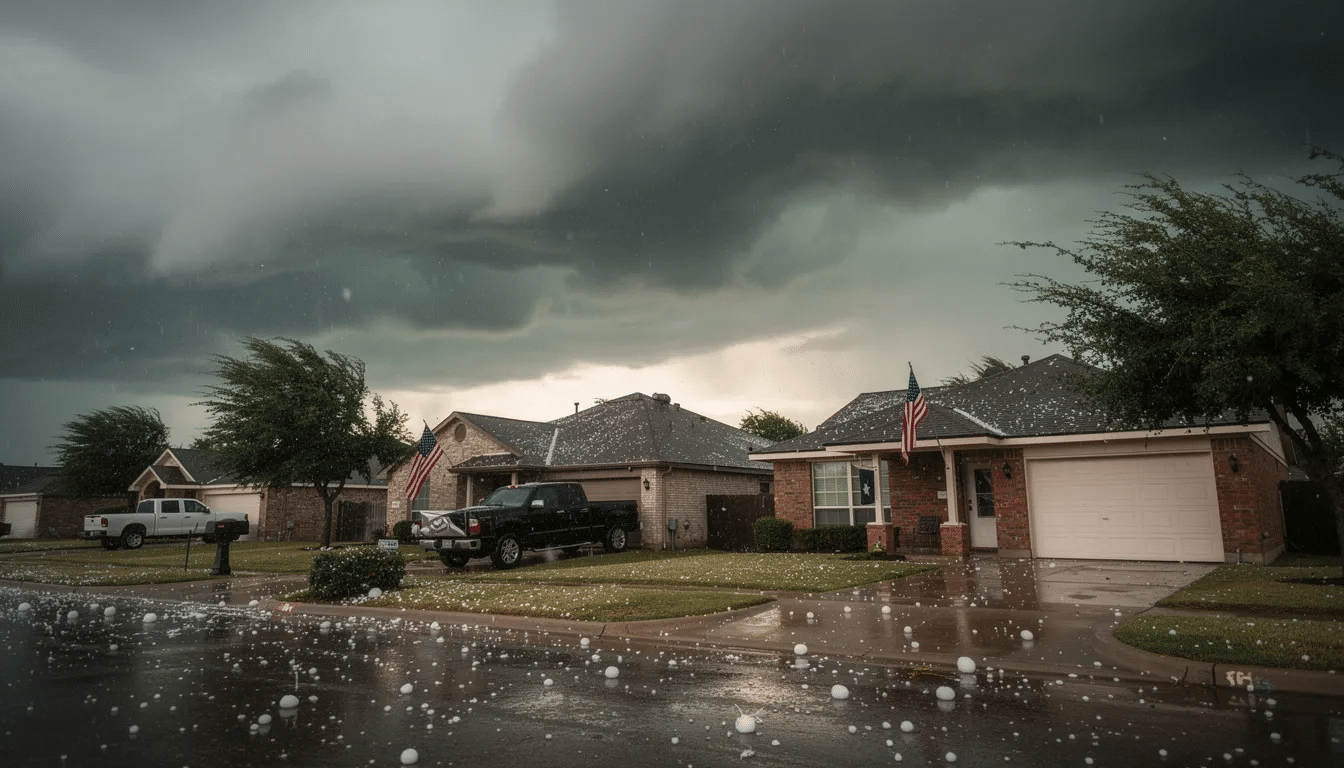 The image depicts dark storm clouds looming over a Texas neighborhood, with hail visibly falling, creating a scene that highlights the potential for storm damage to roofs. Homeowners in the area may need to consider roofing materials and costs for roof repair or replacement projects following such severe weather.