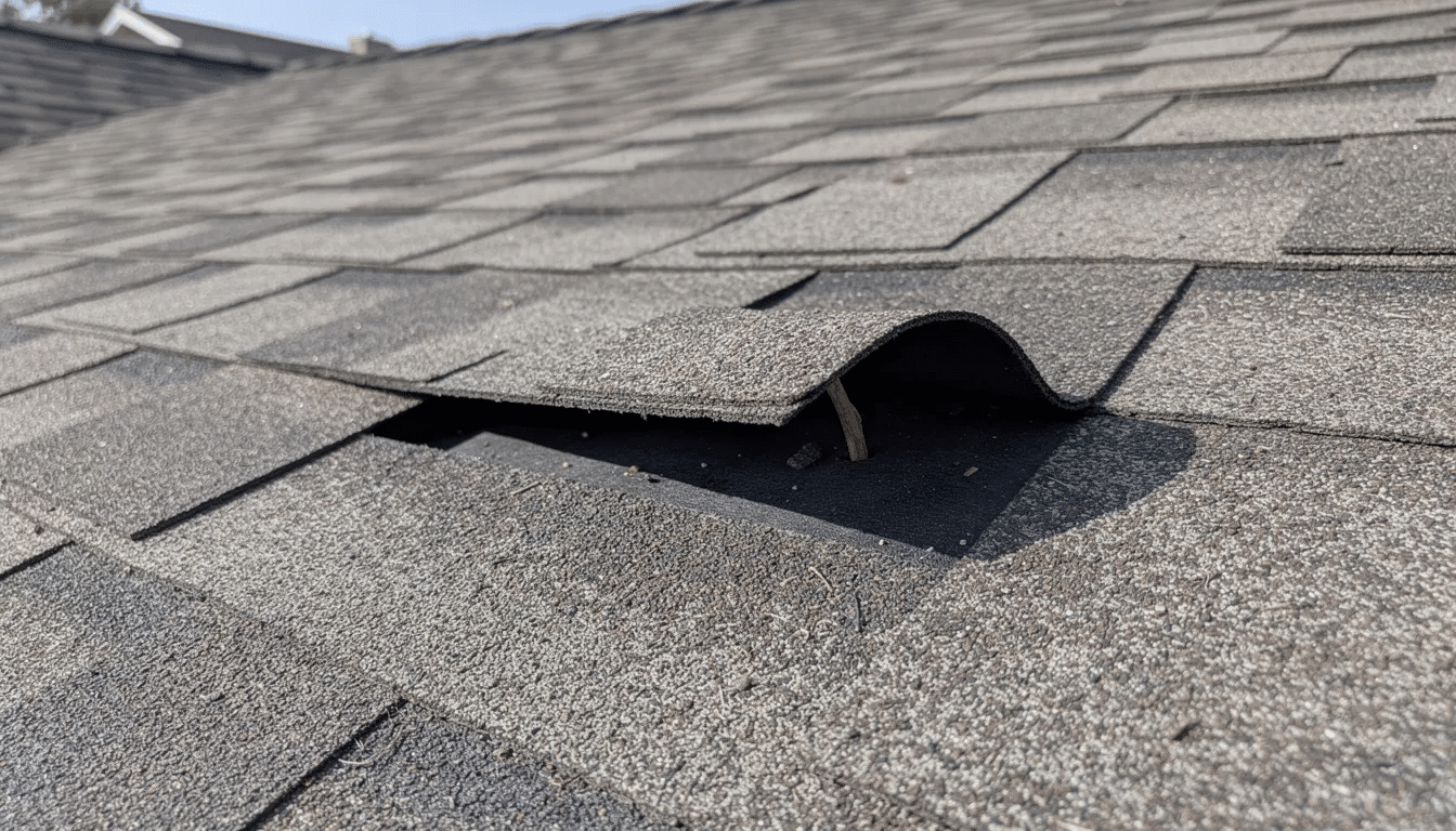 A close-up view of asphalt shingles on a residential roof shows several missing and curled shingles, indicating potential roof damage that could lead to costly repairs if not addressed promptly. Timely roof repairs are essential to prevent further issues and maintain the roofing system's integrity, especially in central Texas.
