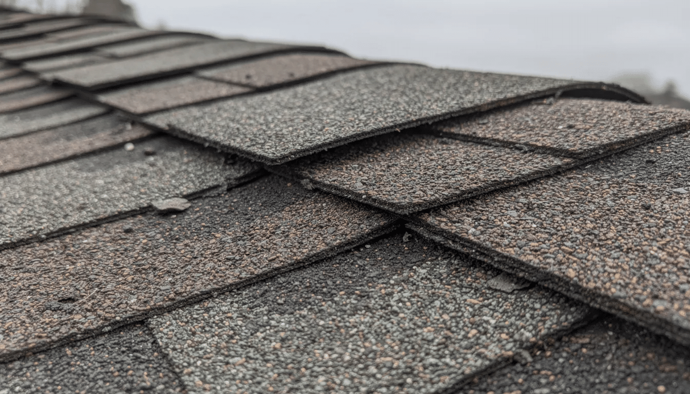 A close-up view of asphalt shingles on a roof ridge shows some pieces slightly lifted, indicating potential roof problems such as damaged or missing shingles that can lead to leaks and costly repairs during winter weather in Central Texas. Regular inspection and maintenance by a professional roofing contractor can help prevent issues like mold growth and moisture buildup.