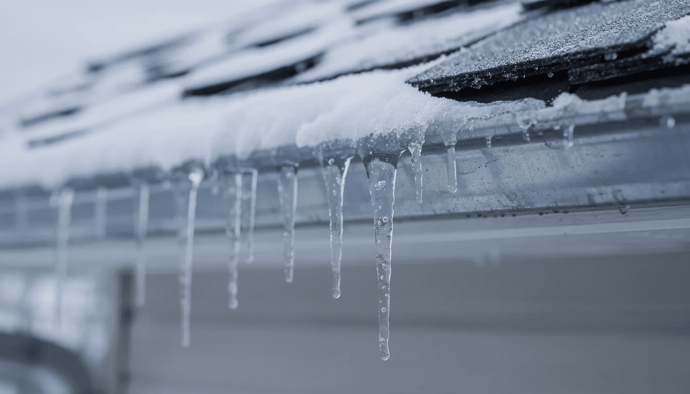 A close-up view of thick icicles hanging from residential roof gutters, with snow-covered shingles visible above, illustrating potential ice dam formation that can lead to costly repairs and water damage in homes during freezing conditions. Proper attic insulation and ventilation are essential to prevent ice dams and protect roofing materials.