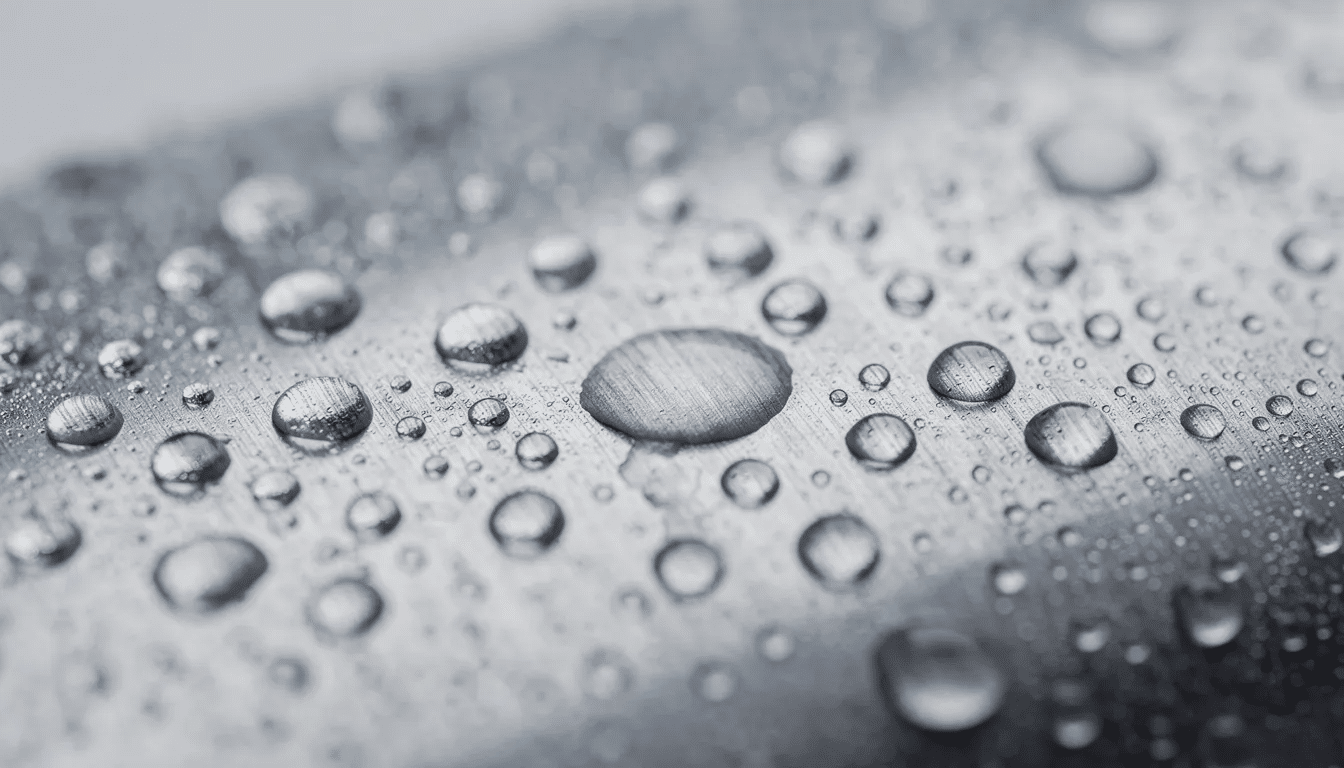 A close-up view of water droplets forming on a cold metal surface illustrates moisture buildup, which can occur due to poor attic ventilation. This condensation highlights the importance of proper attic ventilation to prevent roof damage and maintain the structural integrity of roofing materials.