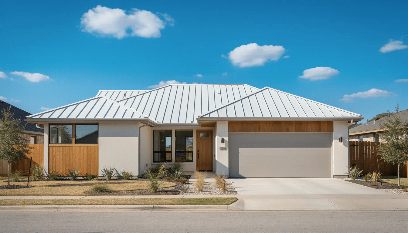 A modern residential home features a light-colored metal roof designed to reflect sunlight under a bright blue Texas sky dotted with scattered clouds. This energy-efficient roofing option helps to reduce heat absorption, making it ideal for combating the central Texas heat while also lowering cooling costs.