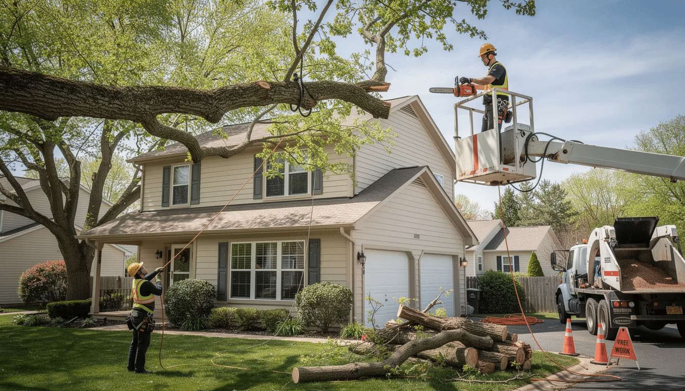 A professional tree service is trimming large branches that are overhanging a residential roof, ensuring the home is ready for the upcoming Texas storm season. This proactive measure helps prevent storm damage from high winds and heavy rain, protecting the roof and family's safety.