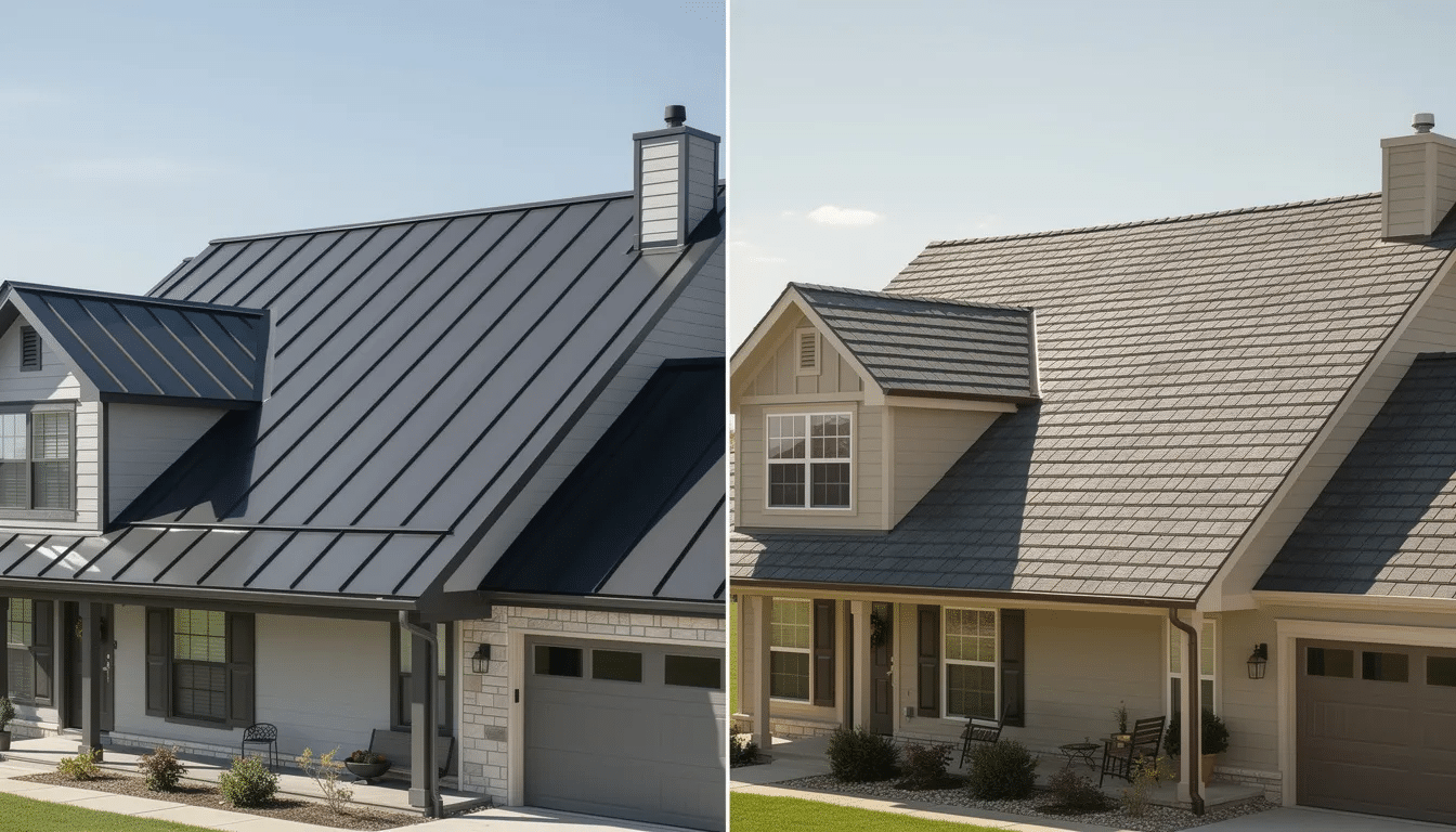 The image shows a side-by-side comparison of standing seam metal roof panels and asphalt shingle installations on residential homes, highlighting the different roofing materials used for wind resistance. The metal roofing is designed to withstand high winds and resist uplift, while the asphalt shingles demonstrate traditional roofing assembly techniques suitable for various weather conditions.