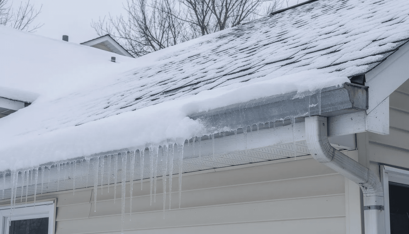 The image depicts a snow-covered residential roof with significant ice accumulation along the eaves and gutters, illustrating the potential for ice dam formation. This situation can lead to costly repairs and water damage if proper attic insulation and ventilation are not maintained during winter conditions.