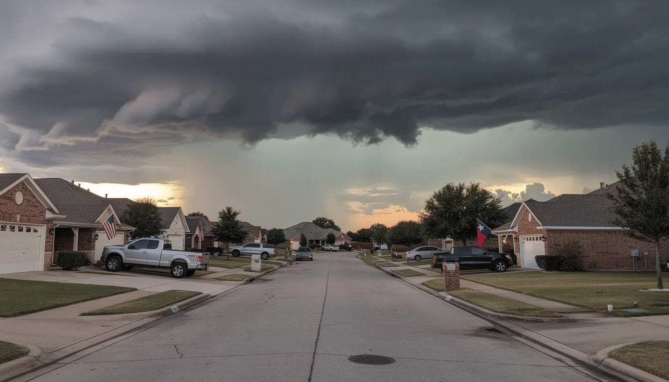 A suburban Texas neighborhood is under dark storm clouds, hinting at potential severe weather. The image highlights the importance of timely roof repairs, as many homes may face roof damage, such as missing shingles or leaks, that can lead to costly repairs if delayed.