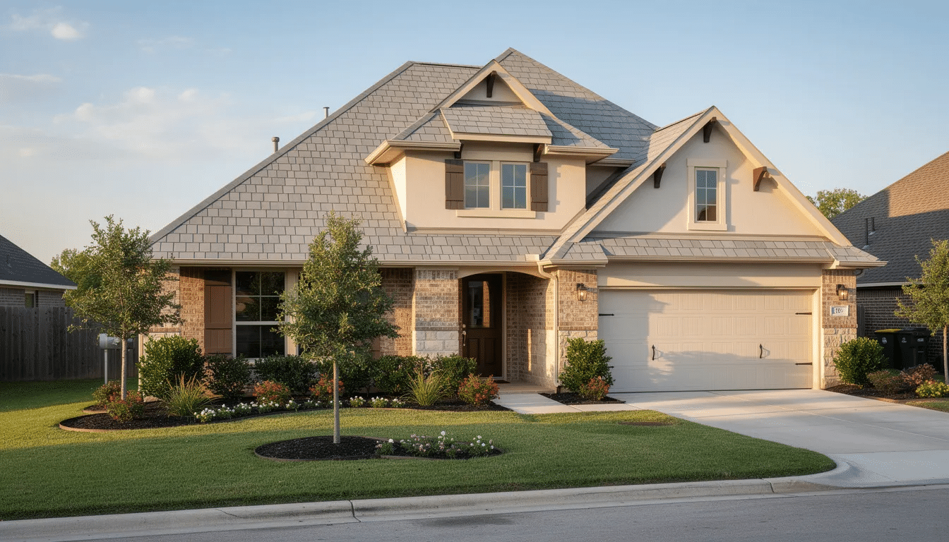 The image features a two-story Texas home topped with light gray architectural shingles, showcasing a modern roofing solution that reflects sunlight and enhances energy efficiency. Surrounding the house is well-maintained landscaping, complementing the traditional asphalt shingles that are popular among Texas homeowners for their durability and aesthetic appeal.