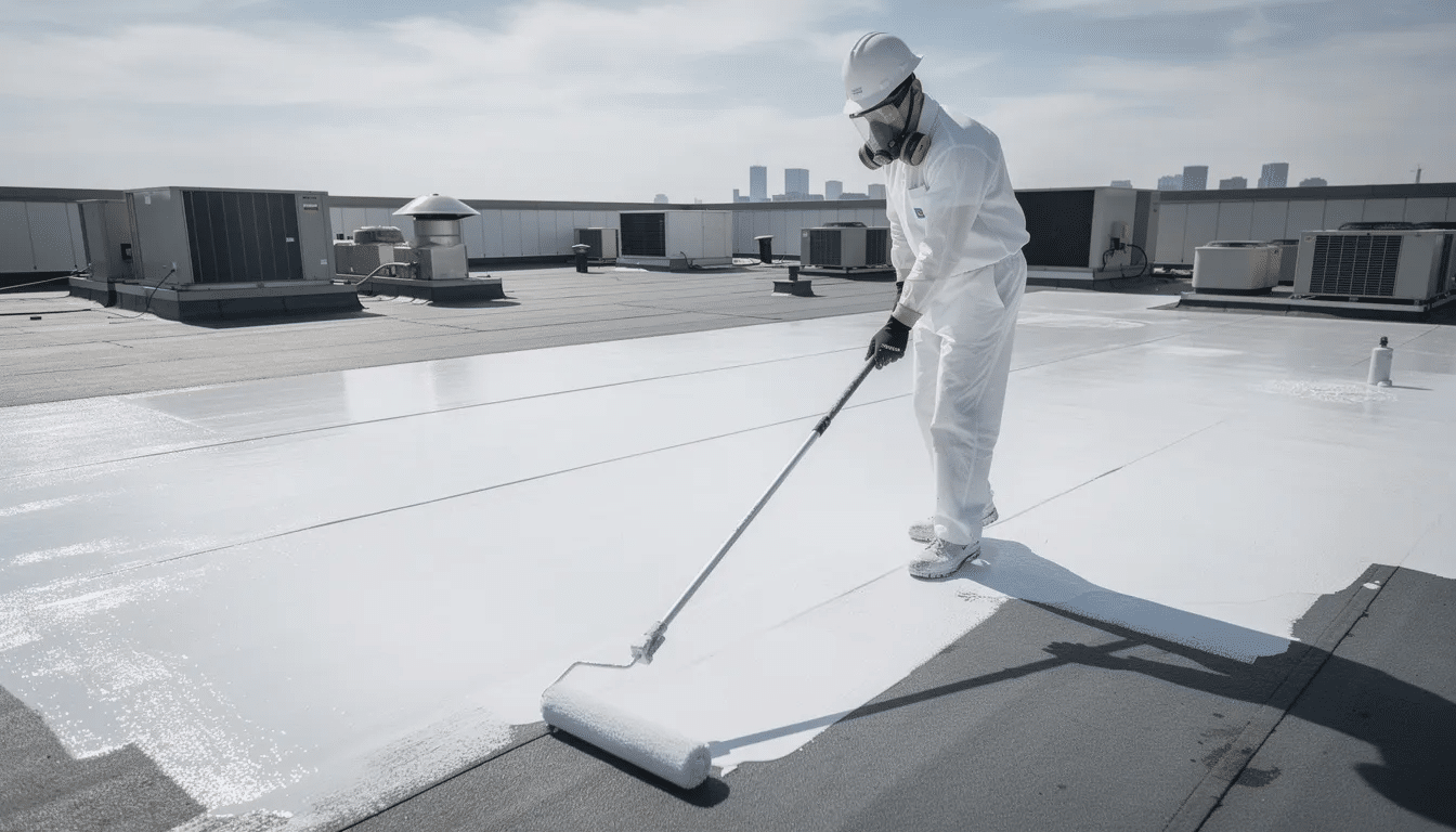 A worker in protective gear is applying a white cool roof coating with a roller on a flat commercial roof, showcasing the use of energy-efficient roofing materials that reflect sunlight and help reduce heat transfer. This application is particularly beneficial in hot climates like Texas, contributing to lower cooling costs and energy savings for homeowners.
