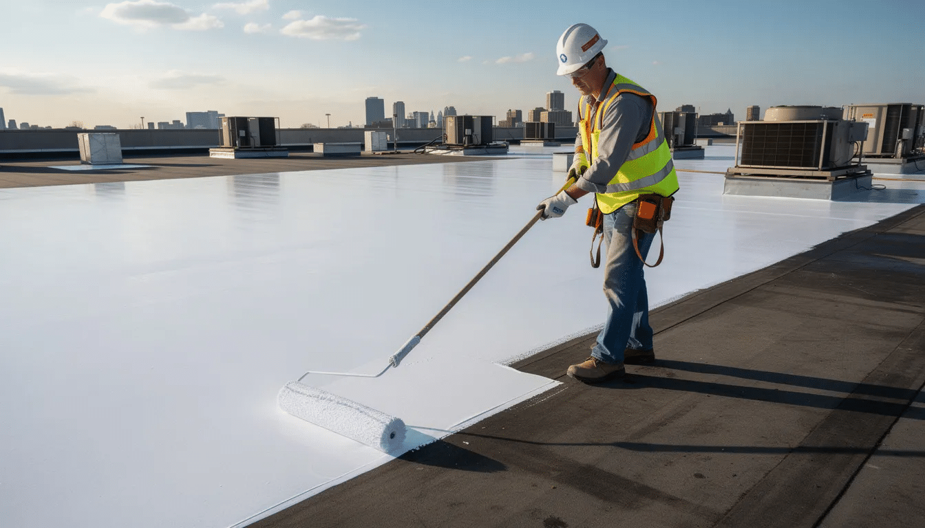 A worker is applying a white reflective coating to a flat commercial roof using a roller, showcasing energy efficient roofing options designed to reduce heat absorption and lower cooling costs in the intense heat of Central Texas. This application of reflective materials helps improve energy efficiency and beat the heat, making it a smart investment for commercial roofing.
