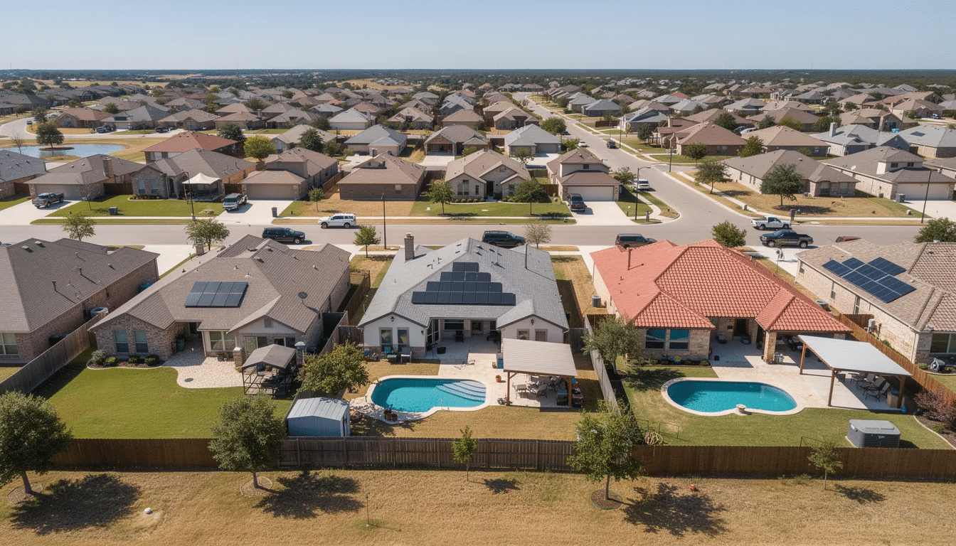 An aerial view captures a Texas suburb with various residential rooftops under the bright midday sun, showcasing a mix of traditional asphalt shingles, metal roofs, and tile roofs. The image highlights the importance of energy-efficient roofing materials, such as cool roof coatings, which help reflect sunlight and reduce heat absorption, making them ideal for the hot Texas climate.