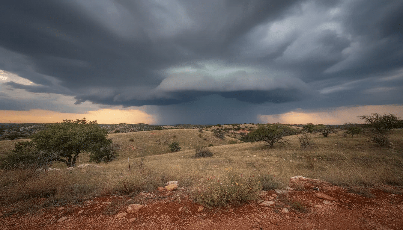 Dark storm clouds loom over the rolling hills of Central Texas, signaling the approach of the storm season. This image highlights the importance of being storm ready, as homeowners should prepare their roofs for potential severe weather, including high winds and heavy rain, to prevent costly repairs and significant damage.