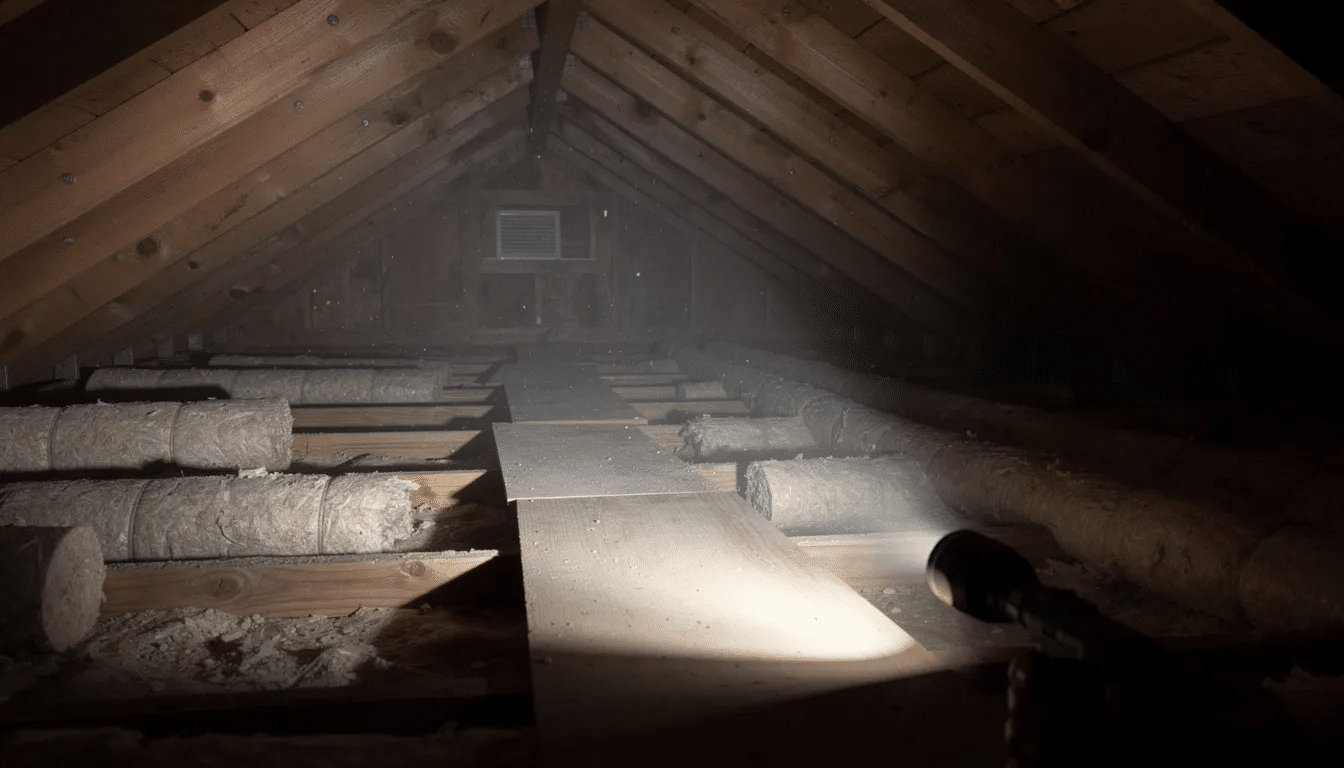 The image depicts an interior view of an attic featuring wooden rafters and insulation placed between the joists, illuminated by a beam from a flashlight. This scene highlights the importance of checking attic ventilation to prevent common winter roof problems, such as roof leaks and mold growth, particularly in central Texas homes.