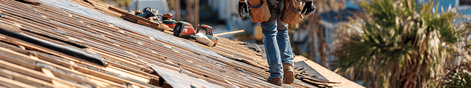 Professional roofer performing a Corpus Christi roof replacement on a coastal Texas home, with shingles lifted, underlayment exposed, and safety gear in use.
