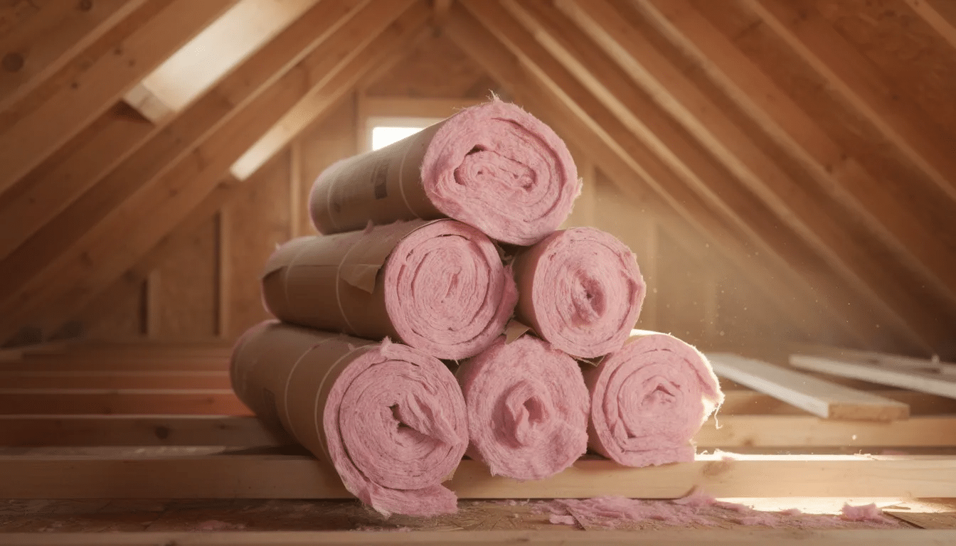 The image shows rolls of pink fiberglass insulation stacked neatly in an attic space, with wooden rafters visible above. This insulation is crucial for maintaining proper attic ventilation and preventing issues like roof leaks and mold growth during cold snaps in central Texas winters.