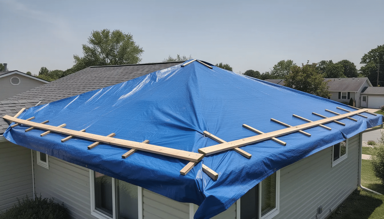 A blue heavy-duty tarp is securely placed over a residential shingle roof, with wooden boards fastened along the edges to provide temporary roof protection against storm damage. This emergency roof tarping serves as a crucial temporary solution to prevent further damage and potential water intrusion until permanent repairs can be made.