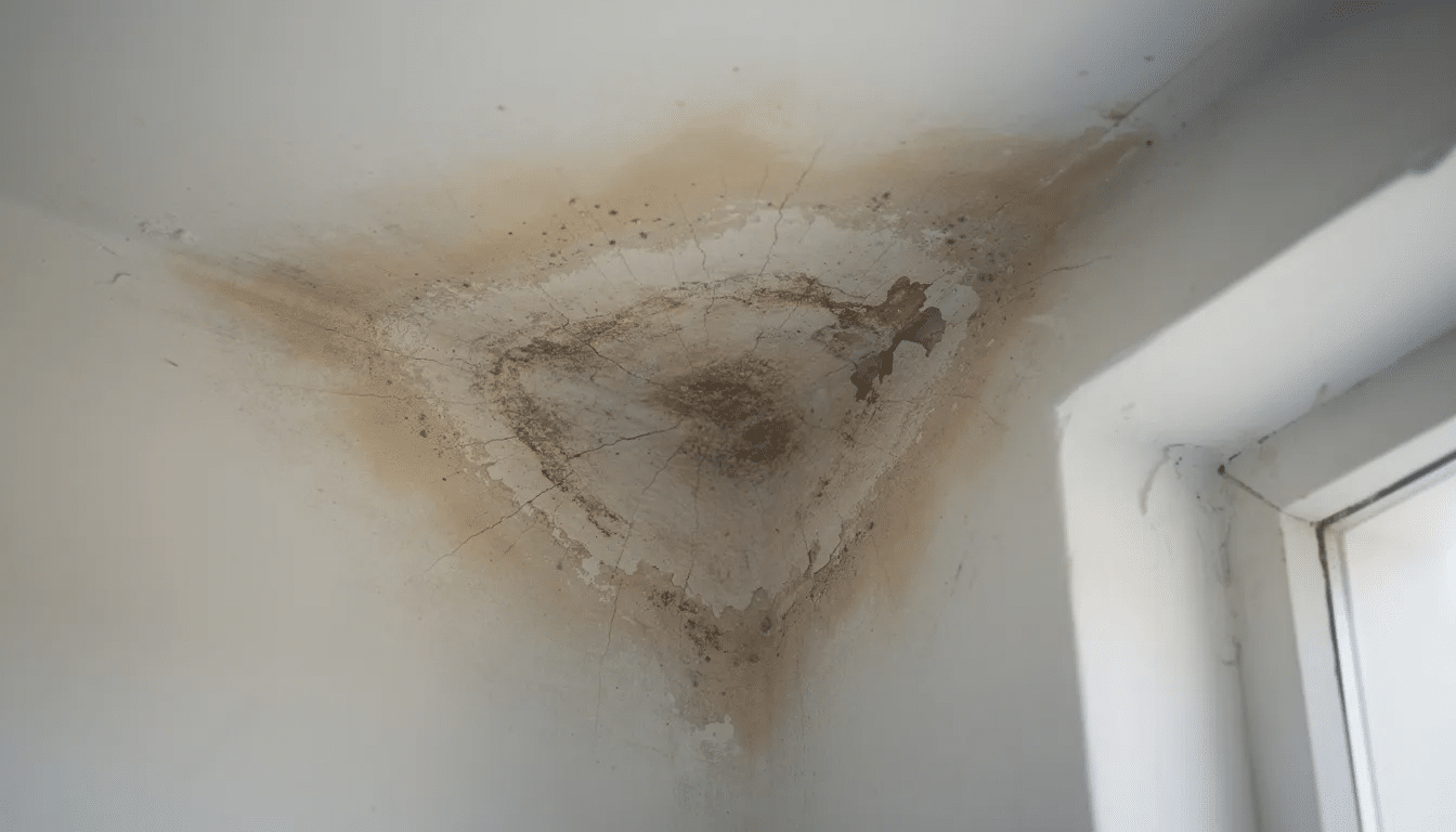 A close-up view of a water-damaged ceiling shows a brownish stain spreading from the corner, indicating a potential roof leak that may require roof repairs or even a full roof replacement. This damage could lead to costly repairs if not addressed promptly, highlighting the importance of regular roof inspections and timely maintenance to prevent further structural issues.