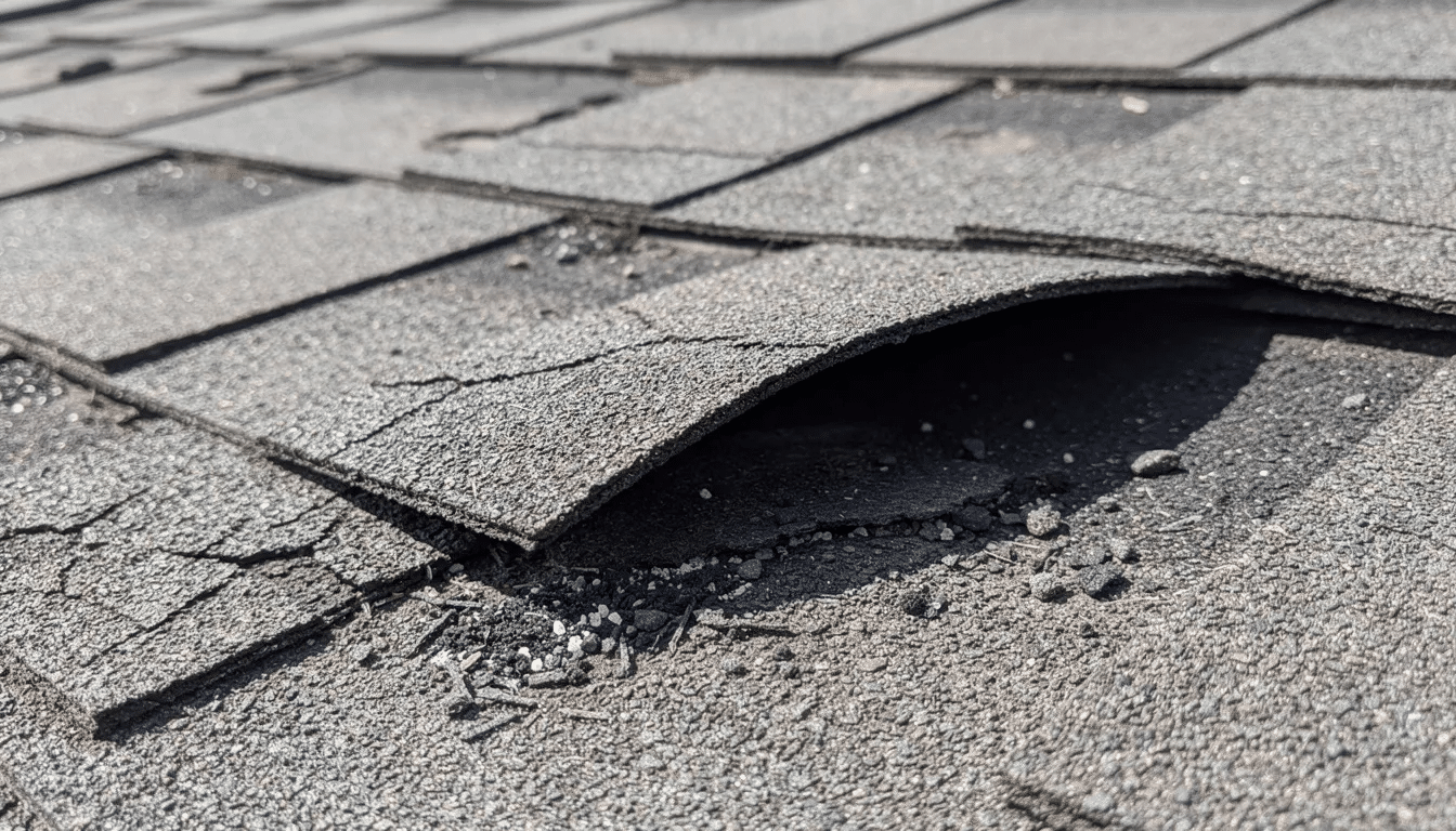 The image depicts a close-up view of curled and weathered asphalt shingles on a residential roof, highlighting significant granule loss and signs of missing or damaged shingles. This condition can lead to costly repairs and further structural damage if timely roof repairs and regular maintenance are neglected.
