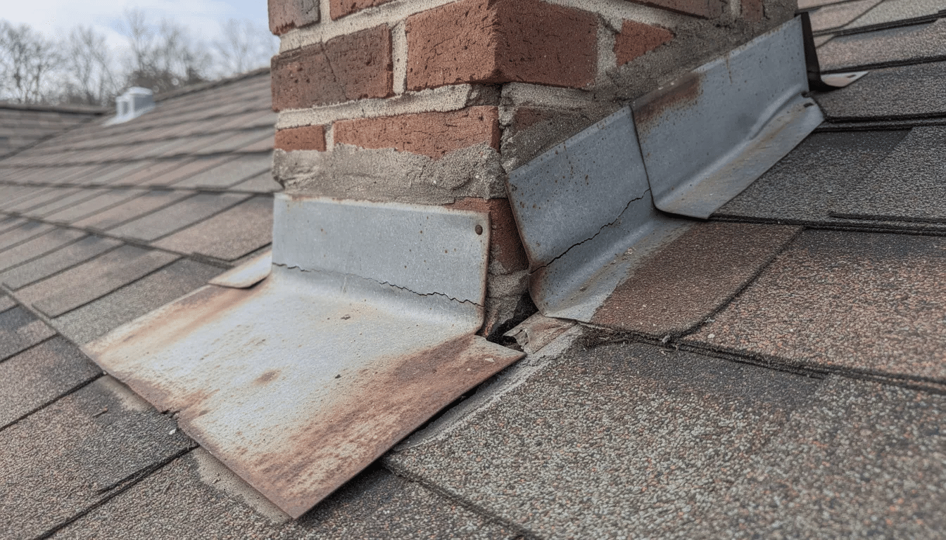 The image shows a close-up view of metal roof flashing around a chimney base, highlighting visible gaps and signs of weathering that indicate potential roof problems. This separation may lead to water intrusion and costly repairs if not addressed, making it one of the critical warning signs to look for during a roof inspection, especially before major storms.