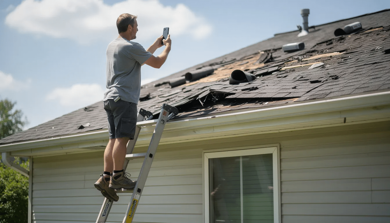 A homeowner stands on a ladder, capturing images of damaged roof shingles with a smartphone, highlighting a few missing shingles that could lead to costly repairs if not addressed. This proactive step is crucial for insurance claims related to roof damage, ensuring timely roof repairs and maintaining the home's structural integrity.