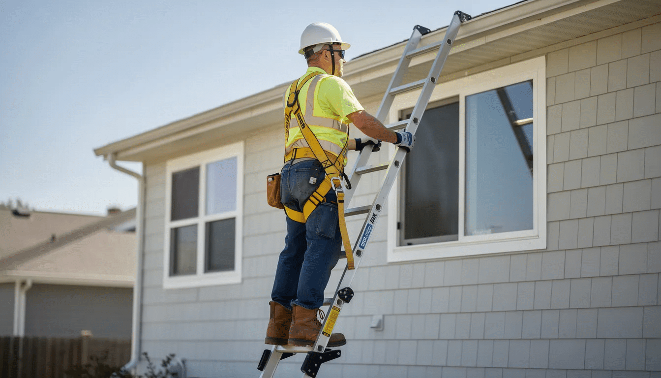 A person wearing a safety harness and hard hat is standing on an extension ladder against a house, preparing to address roof damage. This scene highlights the importance of emergency roof tarping and proper safety gear when dealing with storm damage and compromised roofs.