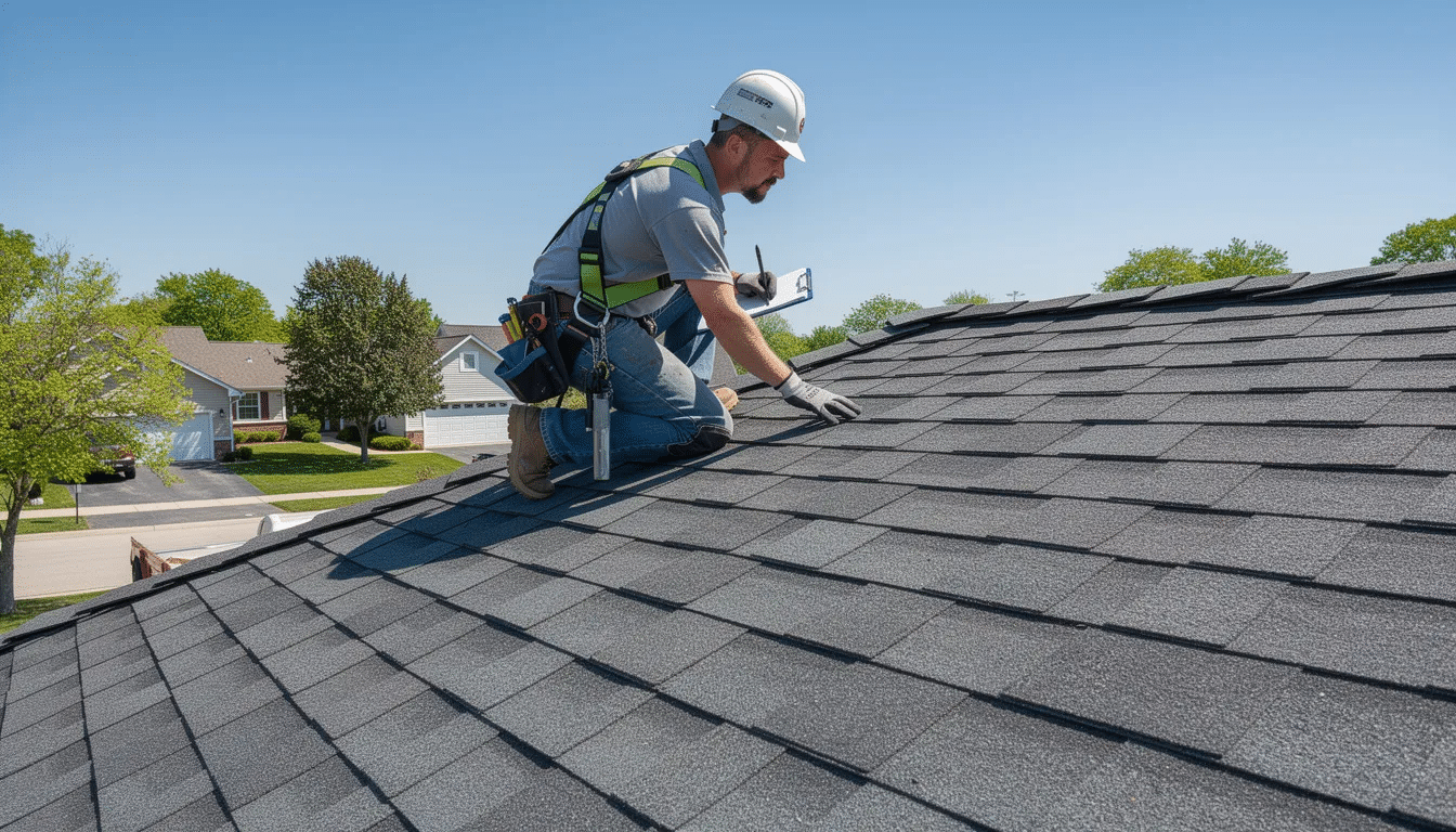 A professional roofer conducts a thorough inspection of asphalt shingles on a residential roof under a sunny sky, checking for missing or damaged shingles that could lead to costly repairs. Regular roof maintenance ensures the structural integrity of the roofing system and helps prevent future damage from minor leaks or severe weather events.