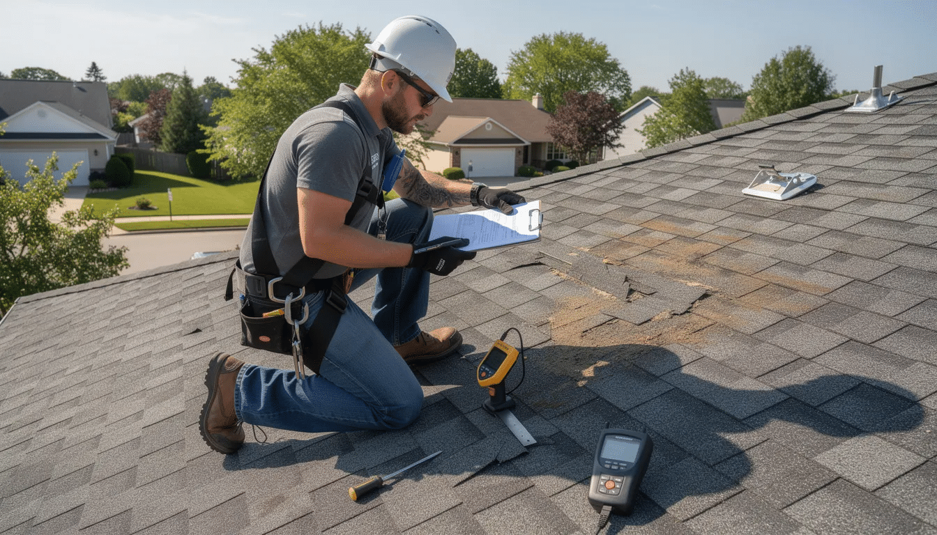 A professional roofer is inspecting the shingles on a residential roof using specialized tools, looking for signs of damage such as missing shingles and granule loss. This thorough roof inspection is essential for Austin homeowners to identify minor issues early, preventing costly repairs and extending the roof's lifespan.