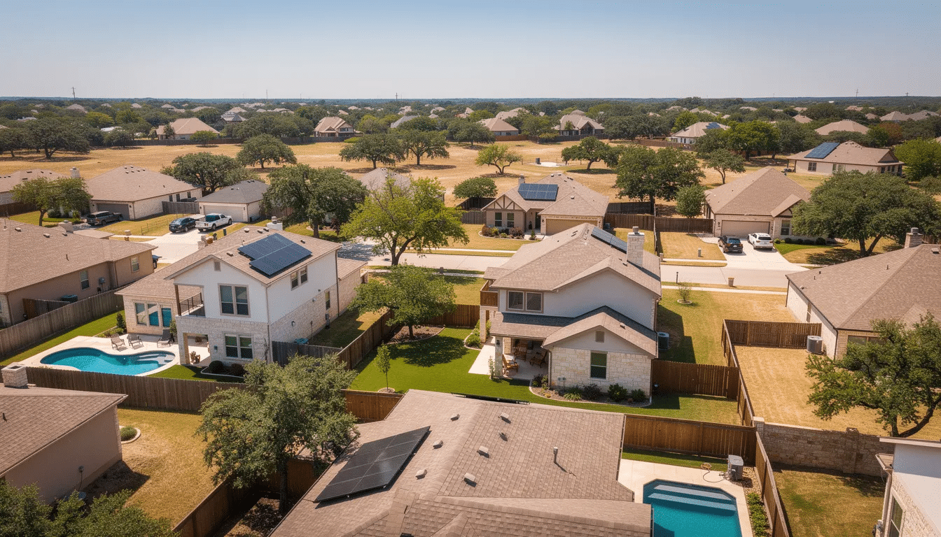 The image depicts a suburban Austin neighborhood with rooftops basking under the bright summer sun, showcasing a mix of well-maintained roofs and some with a few missing shingles, highlighting the importance of regular roof maintenance to avoid costly repairs and potential roof leaks. This scene reflects the true cost of neglecting roof maintenance in Austin, Texas, reminding homeowners to stay proactive against storm damage and maintain their roofs for energy efficiency and curb appeal.