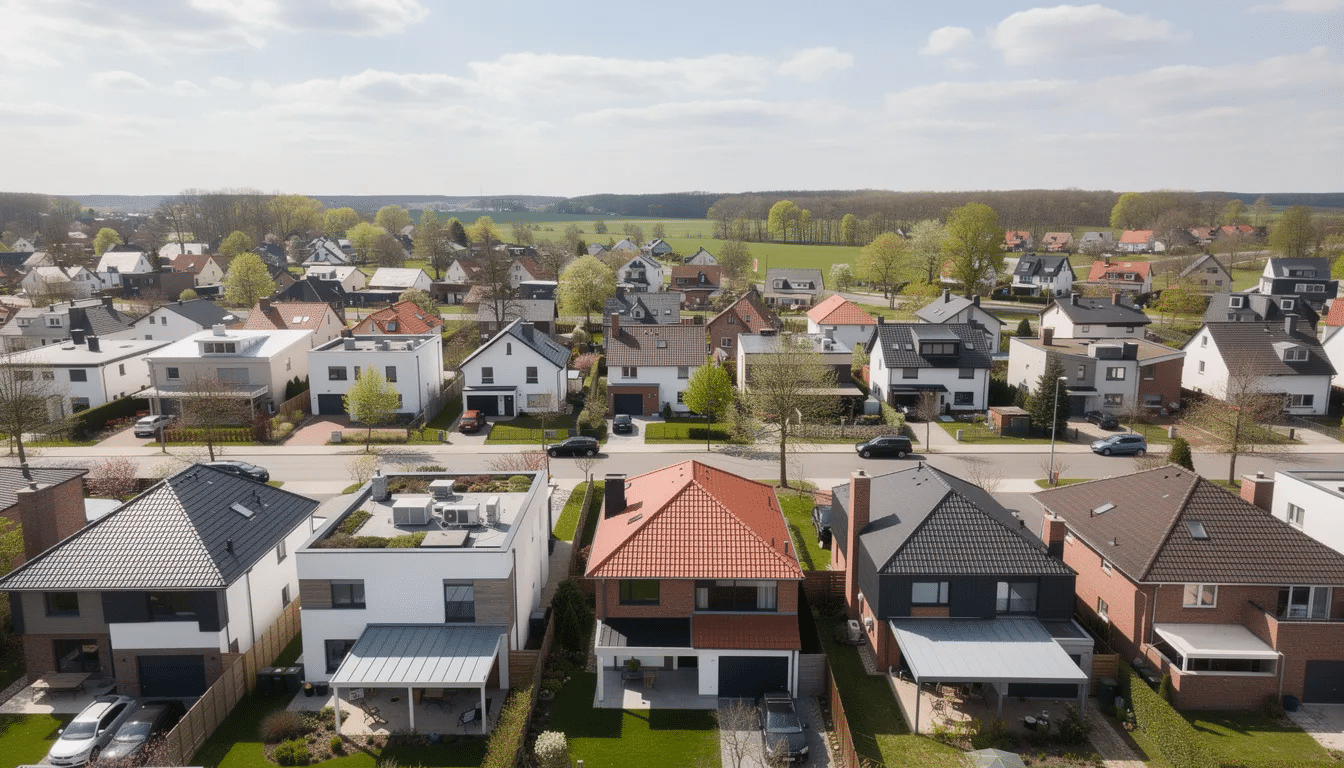 An aerial view of a residential neighborhood showcases various roofing types under a partly cloudy spring sky, highlighting the importance of regular roof inspections for Austin homeowners. The diverse rooftops serve as a reminder of how professional inspections can reveal minor issues before they lead to costly repairs and extend the roof's lifespan.