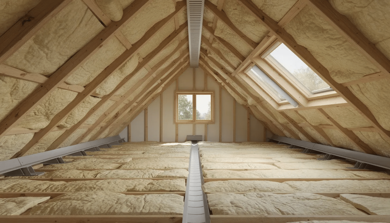 The image depicts an attic space with visible insulation between the roof rafters and a ventilation system, highlighting the importance of proper ventilation for maintaining roofing systems. Regular roof inspections can help Austin homeowners detect minor issues early, preventing costly repairs and extending the roof's lifespan.
