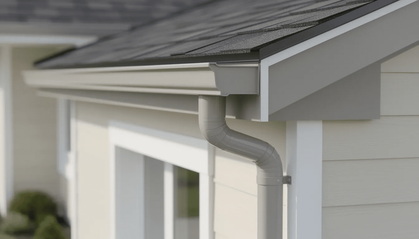 A close-up view of a residential gutter system showcases seamless aluminum gutters installed on a modern home's exterior, highlighting their polished appearance and fewer seams compared to sectional gutters. This efficient gutter system is designed for proper drainage, minimizing maintenance requirements and reducing the risk of leaks and debris buildup.