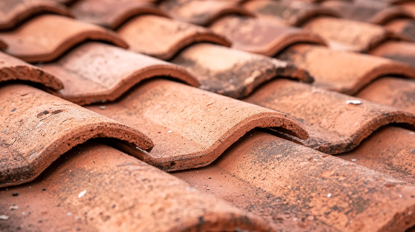 A close-up view of overlapping red clay roof tiles showcases their curved profile and interlocking pattern, emphasizing the aesthetic appeal and durability of tile roofs as a roofing material. This design not only enhances the visual charm but also provides excellent resistance to hail damage during severe weather events.