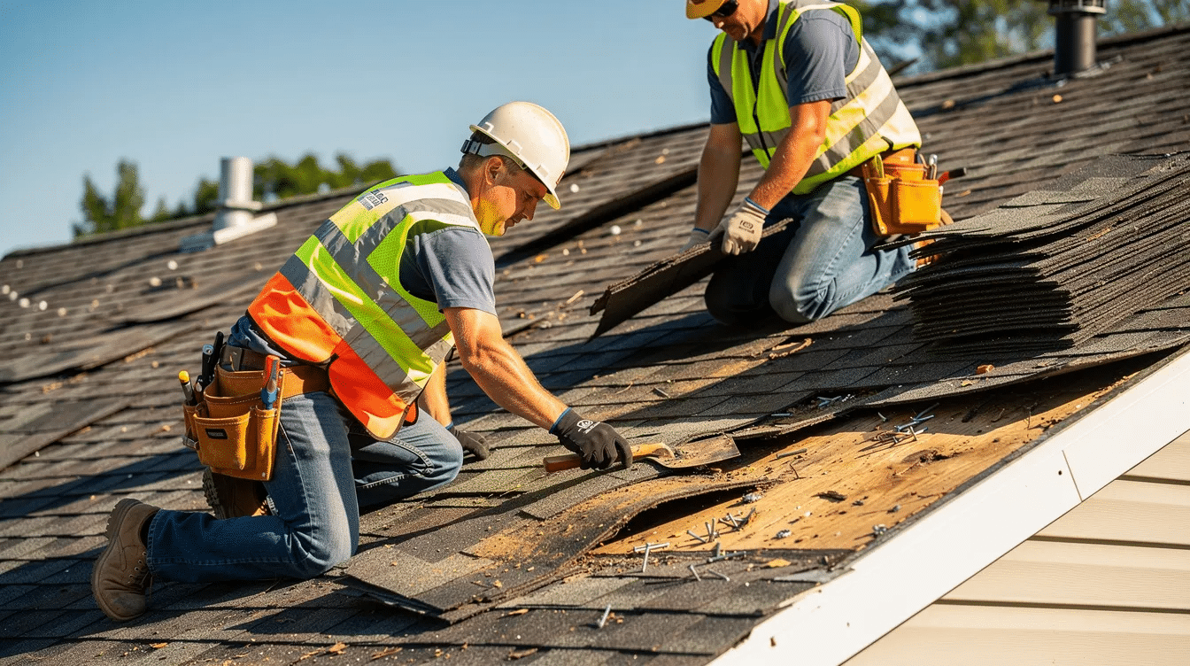 A close-up view shows construction workers diligently removing old asphalt shingles from a residential roof under bright sunny weather, highlighting the importance of assessing the roof deck for any potential damage. This roof replacement project is crucial for maintaining the structural integrity of the entire roofing system and preventing costly repairs from issues like rotted decking or missing shingles.