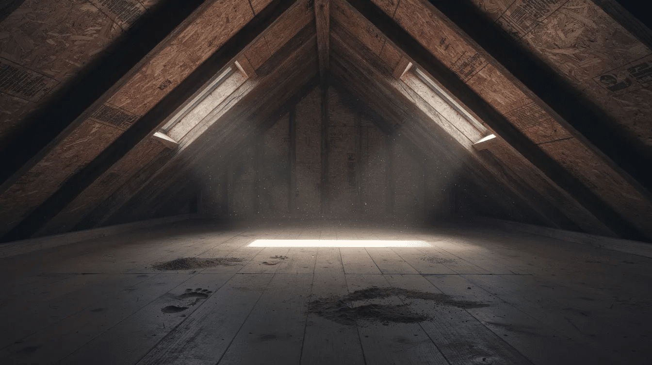 The image shows a dimly lit residential attic space featuring visible wooden rafters and roof sheathing, which highlights the importance of inspecting the roof decking for any signs of damage. This space is crucial for maintaining the structural integrity of the entire roofing system and preventing costly repairs due to issues like rotted decking or poor ventilation.