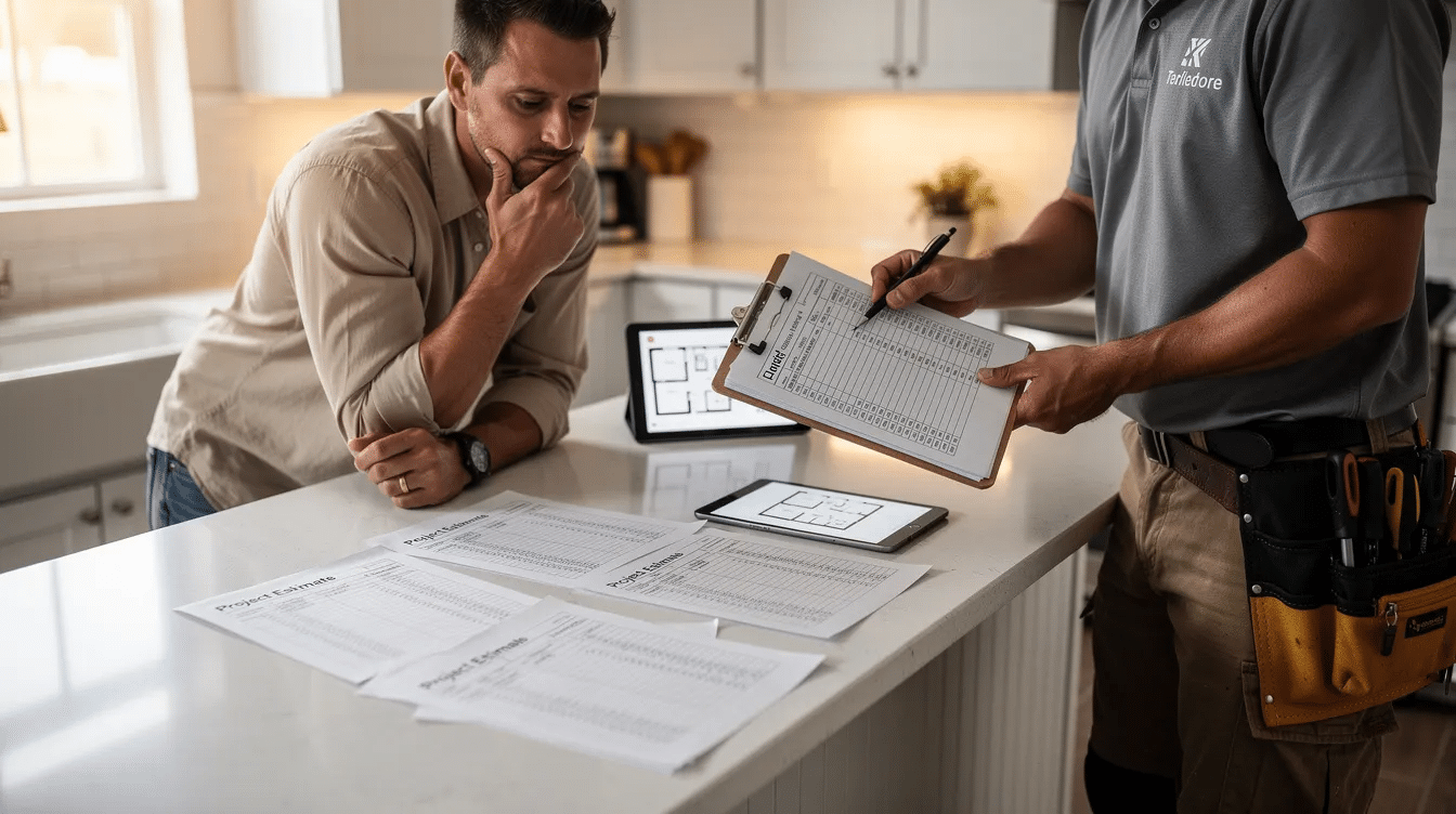 A homeowner and a roofing contractor are sitting at a table, reviewing estimate documents for a roof replacement project, discussing various factors such as roofing materials, labor costs, and the overall replacement cost. The scene highlights the importance of understanding hidden costs and the complexities involved in selecting the right roofing options for energy efficiency and aesthetic appeal.