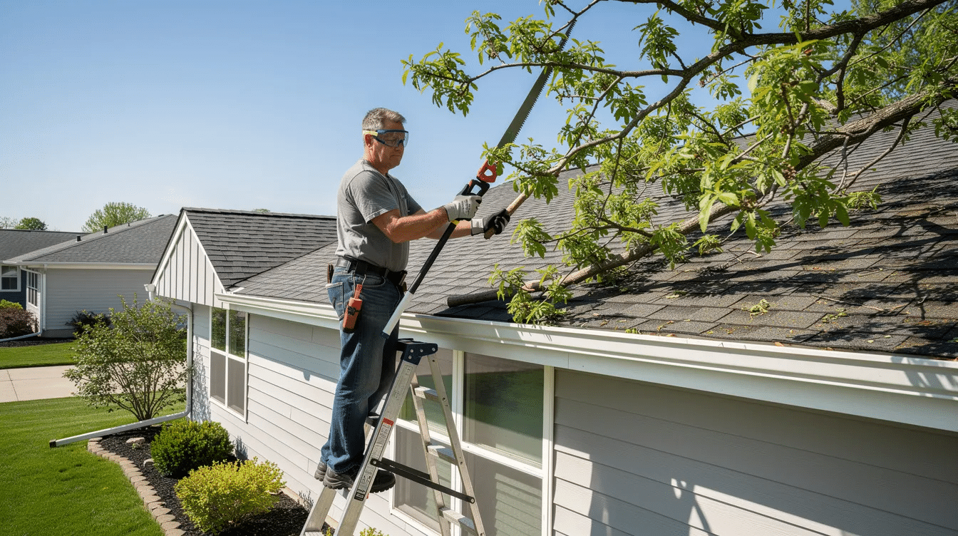 A homeowner is trimming tree branches near a residential roof on a sunny day, ensuring that overhanging limbs do not cause roof damage or affect the structural integrity of the roofing system. This proactive maintenance can help prevent costly repairs and extend the roof's lifespan.