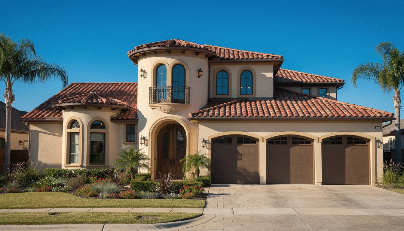 The image depicts a luxurious Mediterranean-style home in Texas featuring a distinctive barrel clay tile roof, set against a clear blue sky. This architectural choice not only enhances the aesthetic appeal of the property but also showcases the benefits of tile roofing, such as exceptional durability and energy efficiency, making it a smart investment for Texas homeowners.