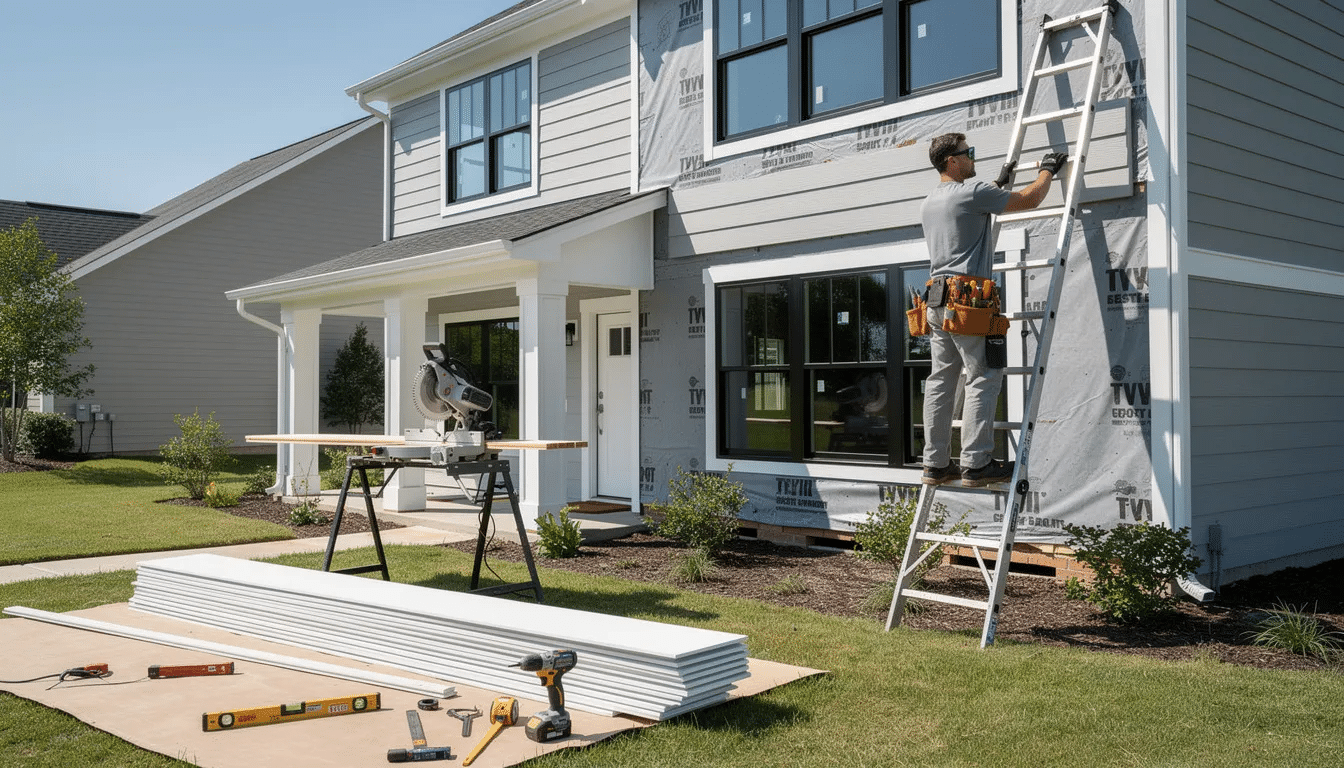 A professional contractor is seen installing seamless gutters on a home's exterior, showcasing the use of specialized equipment for a custom fit that enhances the home's curb appeal. This efficient gutter system, with far fewer joints than sectional gutters, offers better leak resistance and lower maintenance requirements, making it a cost-effective investment for proper drainage.