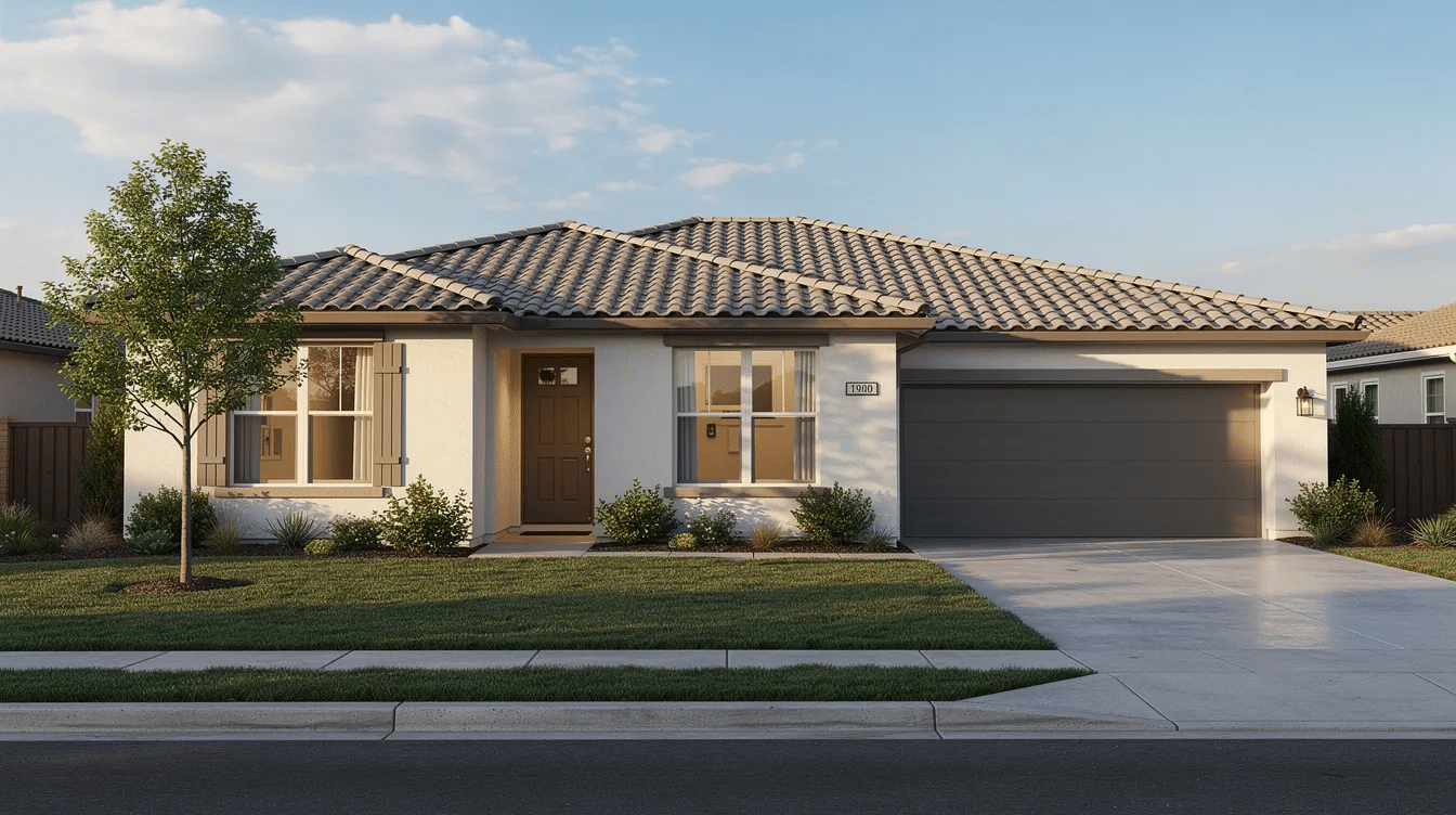 The image shows a residential home from a street-level angle, featuring a durable concrete tile roof. This roofing option is known for its excellent durability and impact resistance, making it a strong choice for hail-prone areas.