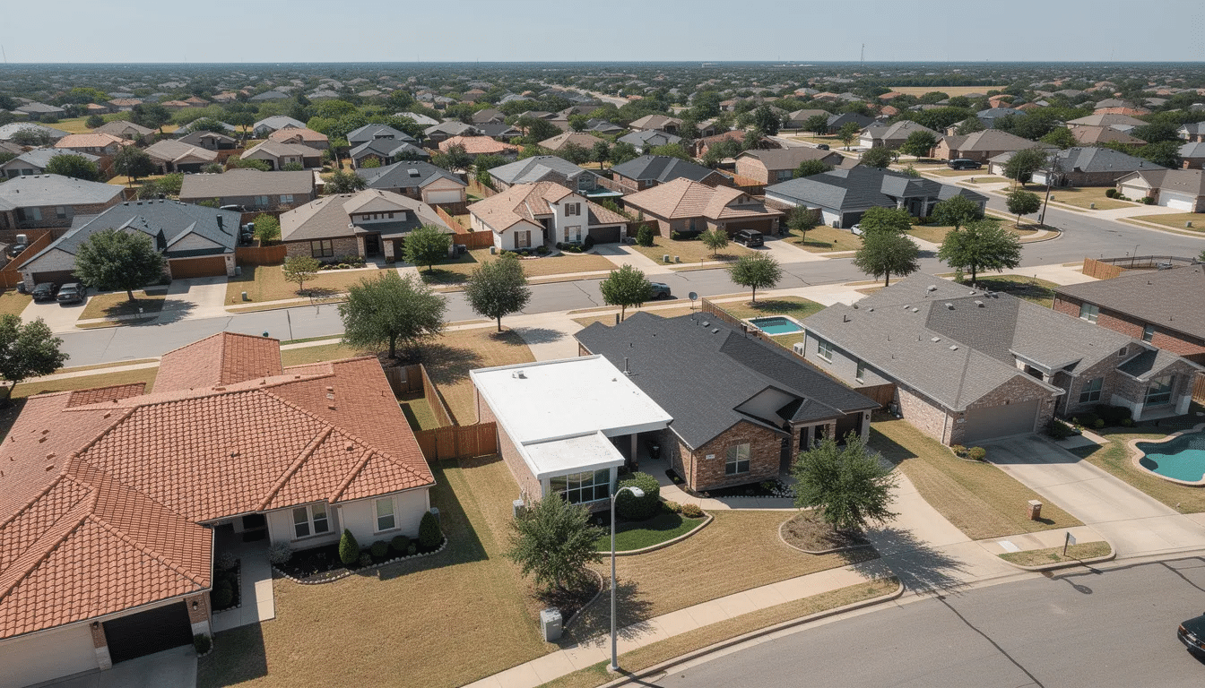 An aerial view of a Texas residential neighborhood showcases a variety of roofing materials, including tile roofs and traditional asphalt shingles. The image highlights the aesthetic appeal and energy efficiency of tile roofing, which offers benefits like durability and reduced energy costs, making it a smart investment for Texas homeowners.