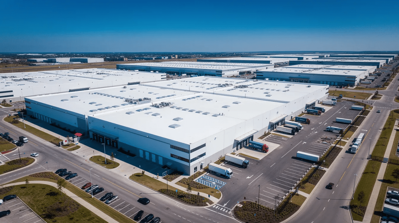 An aerial view showcases several commercial warehouse buildings with white flat roofs, all situated under a clear blue sky. This image highlights the roofing systems of these commercial properties, which may require considerations of roof replacement costs and energy efficiency, especially in the context of Austin's climate.