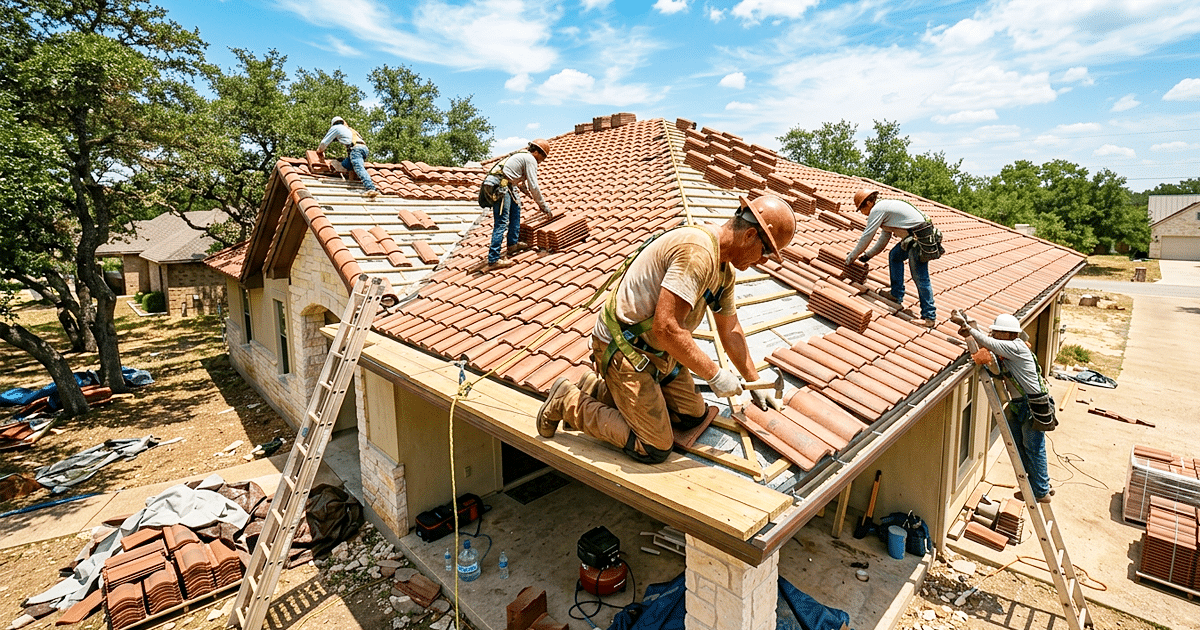 A wide-angle photograph shows six construction workers installing a new barrel tile roof on a Texas ranch home on a sunny day, with ladders, tools, and a shrink-wrapped pallet of terracotta tiles visible.