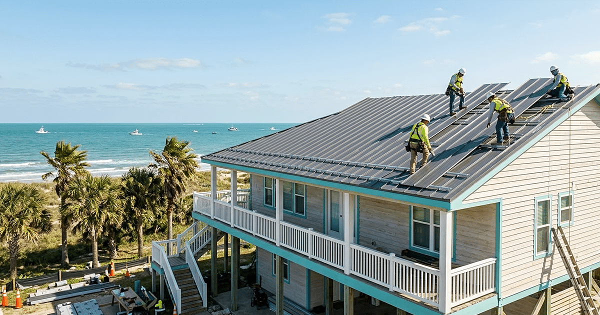 Port Aransas roofers installing a coastal metal roof on a beachside home in Port Aransas Texas