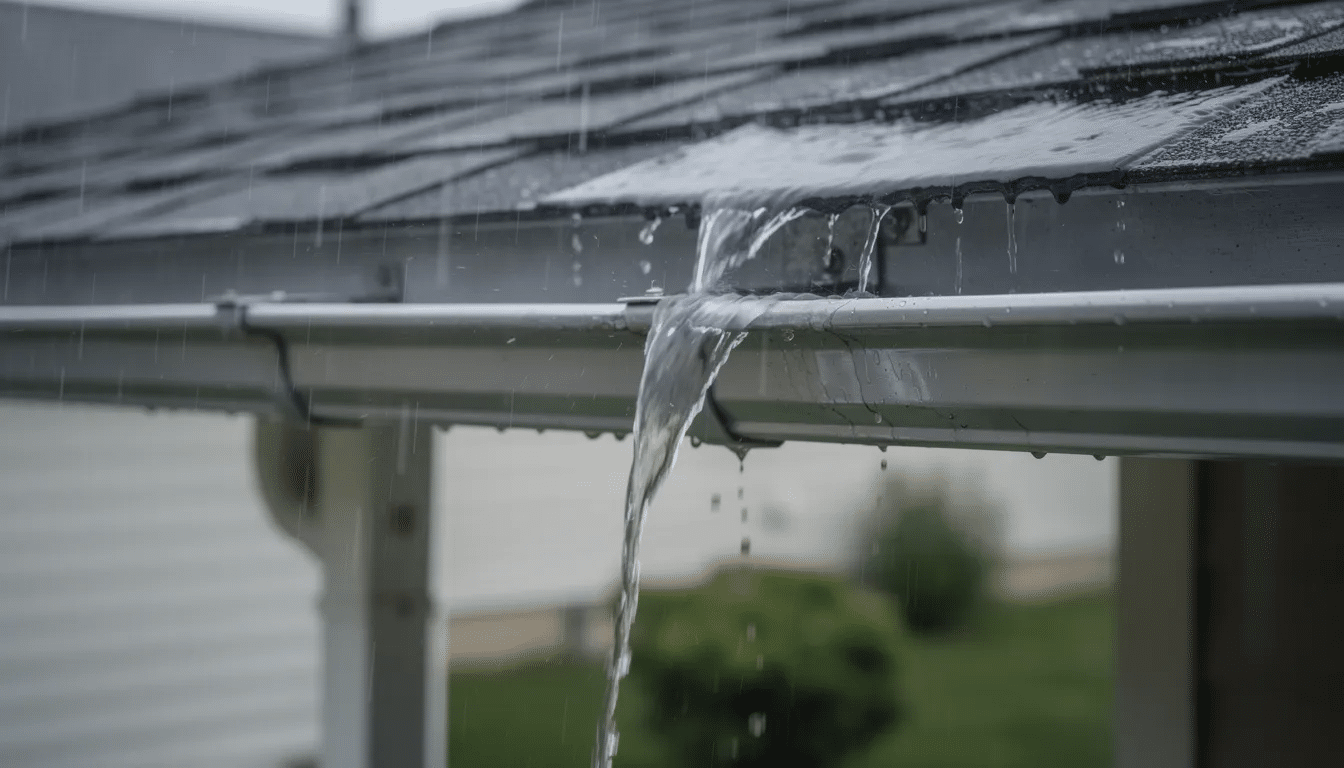 Rainwater flows smoothly through a clean seamless gutter system during a storm, showcasing its efficient design that eliminates multiple seams and reduces the risk of leaks. This seamless gutter provides proper drainage, ensuring that water does not overflow and damage the home's foundation.