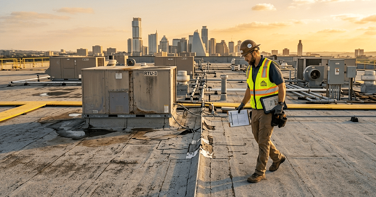 A professional roofing contractor wearing a safety vest and hard hat conducting a commercial roof inspection on a flat TPO membrane rooftop with HVAC units and the Austin, Texas city skyline in the background.