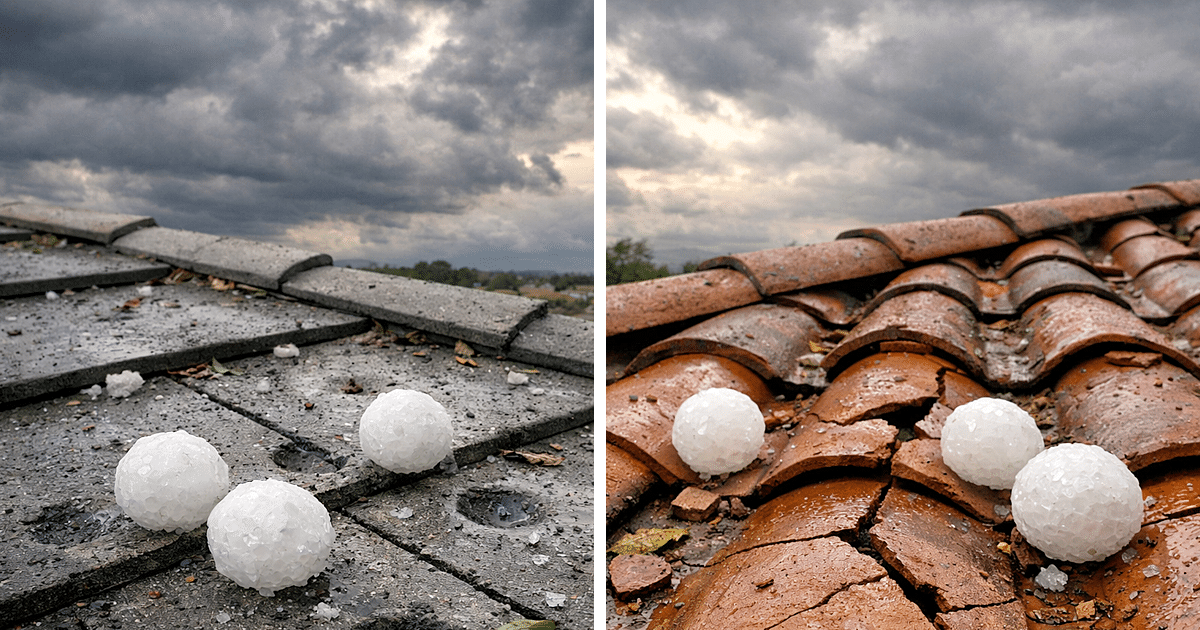 Golf ball size hail damage comparison on concrete tile and cracked clay tile roof in Central Texas after a severe storm