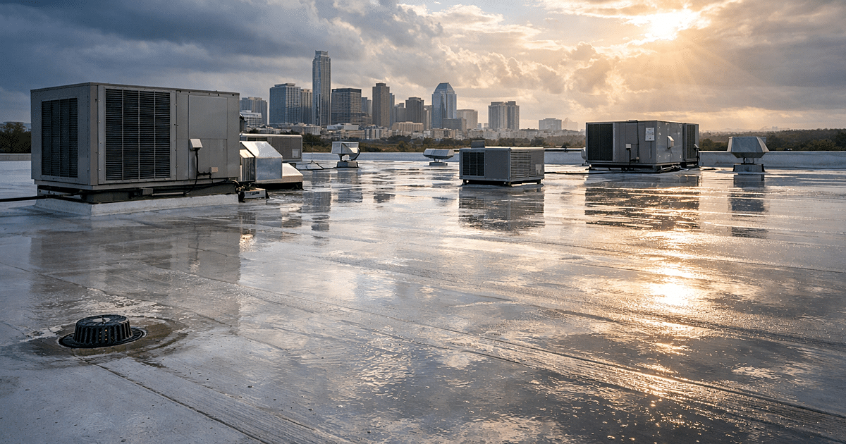 Commercial flat roof in Austin Texas after a storm with wet TPO roofing system, rooftop HVAC units, and reflective surface showing real-world commercial roofing conditions and installation scale