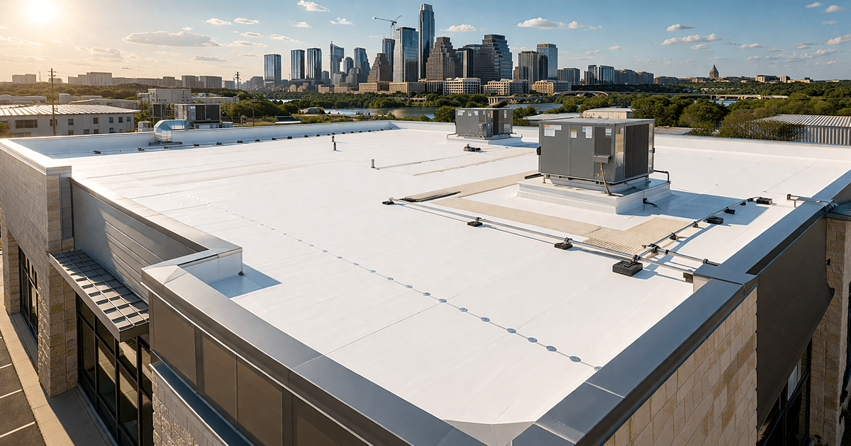 Commercial flat roof in Austin TX with white TPO roofing system and rooftop HVAC units showing a typical commercial roofing installation used in cost estimates