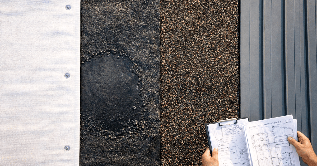 Aerial view of commercial roofing materials including TPO, EPDM, modified bitumen, and standing seam metal roofing on a Central Texas rooftop